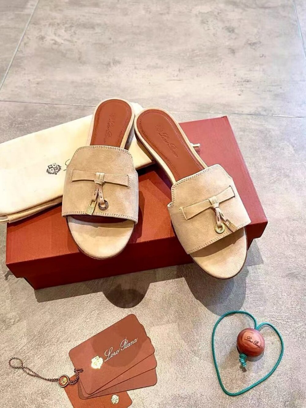 Loro Piana Beige Suede Bow Charm Slide Sandals - Picture 1 of 6